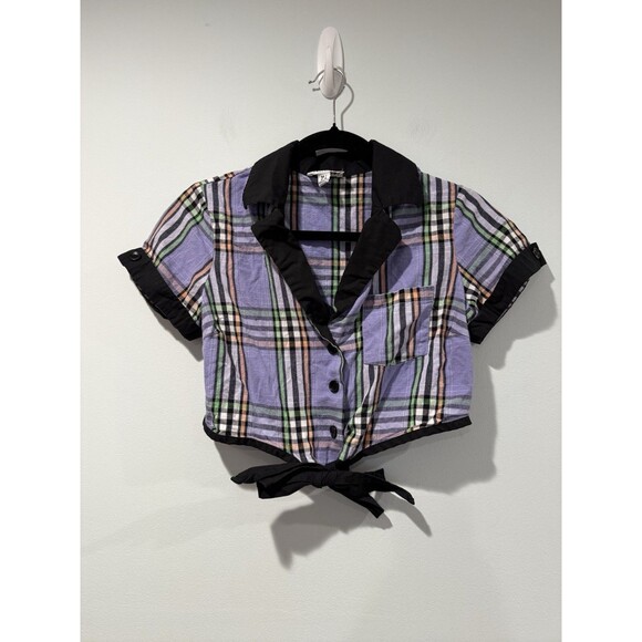 Unique Vintage Crop Top Womens S/M Tie Button Front Collared Plaid 100% Cotton - Picture 1 of 5